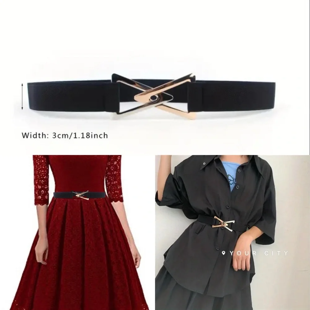 Double Triangle Metal Buckle Belt Decorative Elastic Casual One Size Fits‎ Most